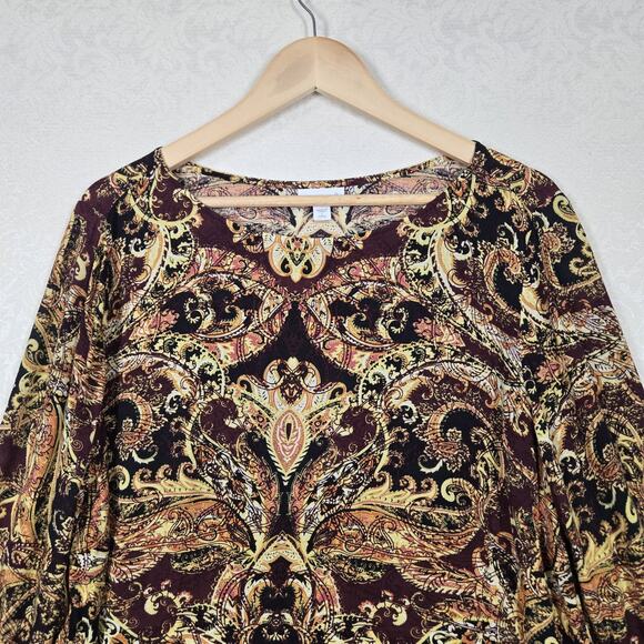 J Jill Blouson Tunic Top Petite L Brown Multicolor Side Slits 3/4 Sleeve Boho - Picture 2 of 12